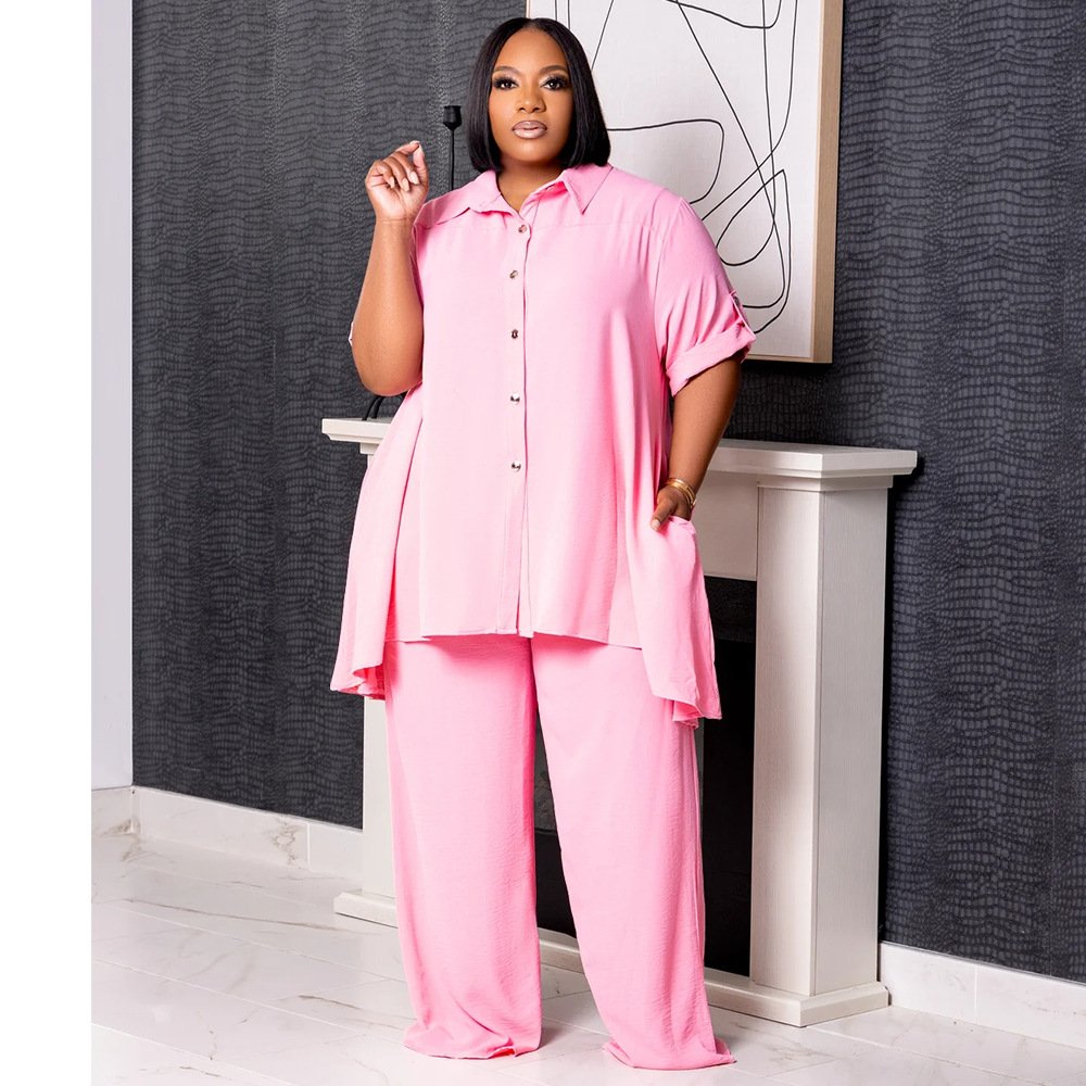 2024 new women plus size women's clothing Fashionable solid color short-sleeved top woven wide leg pants 2 piece set women