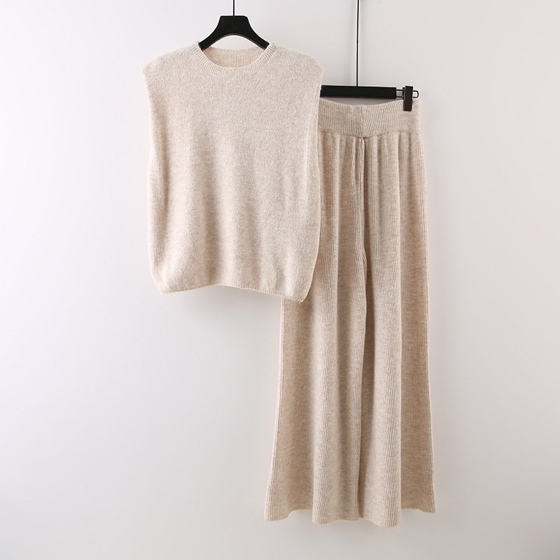 Wholesale 2024 Autumn New Fashionable Temperament Round Neck Vest High Waist Slimming Knitted Pants Women's Sets