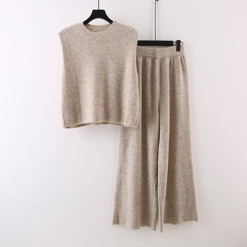 Wholesale 2024 Autumn New Fashionable Temperament Round Neck Vest High Waist Slimming Knitted Pants Women's Sets
