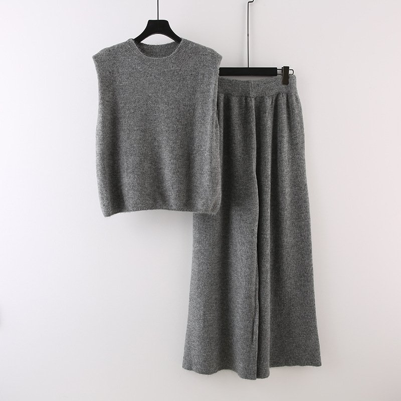 Wholesale 2024 Autumn New Fashionable Temperament Round Neck Vest High Waist Slimming Knitted Pants Women's Sets