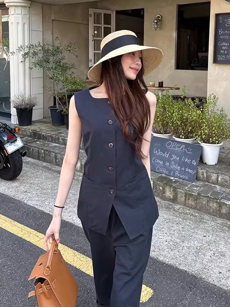 Wholesale 2024 Summer New Fashionable and Versatile Temperament Single Breasted Vest High Waisted Wide Leg Pants Women's Set