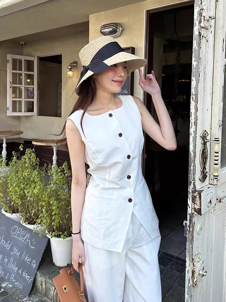 Wholesale 2024 Summer New Fashionable and Versatile Temperament Single Breasted Vest High Waisted Wide Leg Pants Women's Set
