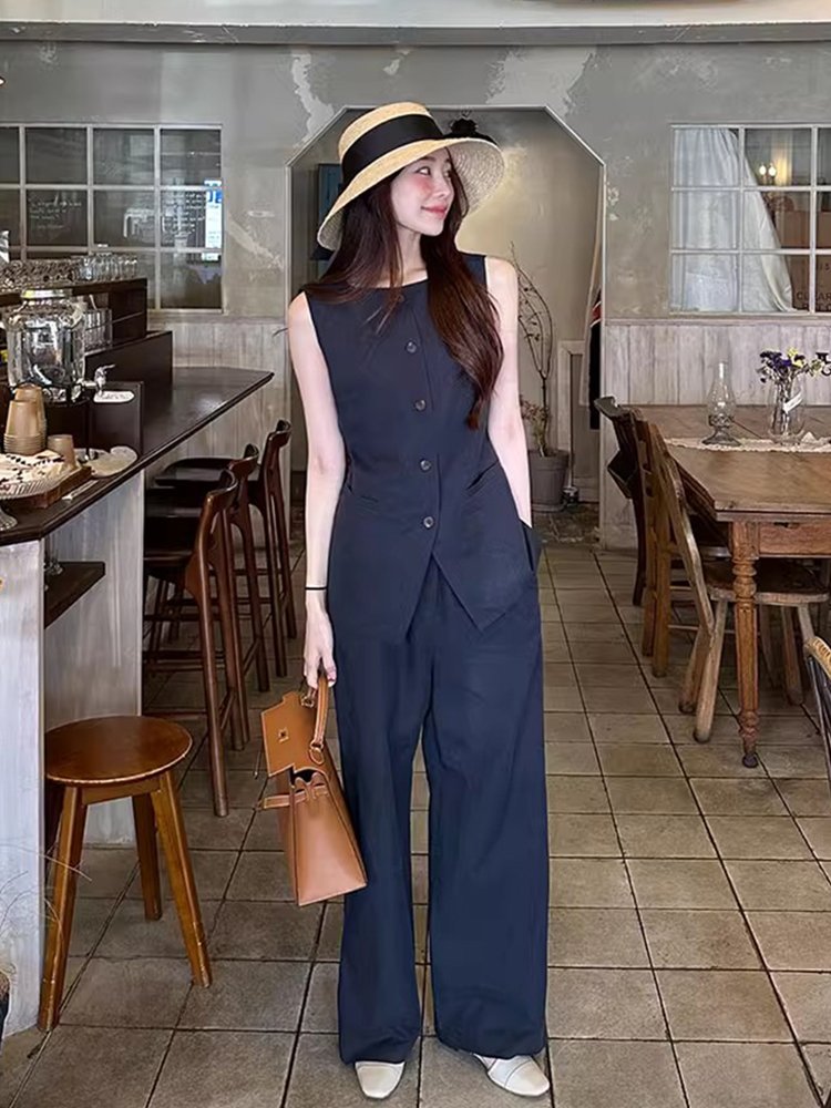 Wholesale 2024 Summer New Fashionable and Versatile Temperament Single Breasted Vest High Waisted Wide Leg Pants Women's Set