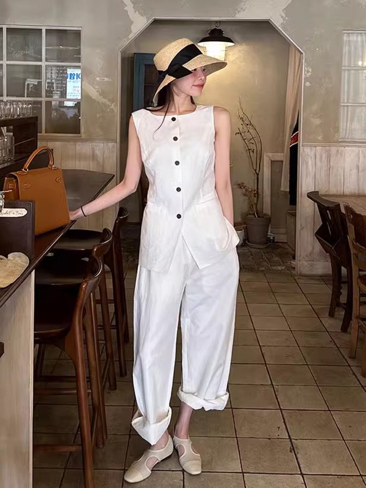 Wholesale 2024 Summer New Fashionable and Versatile Temperament Single Breasted Vest High Waisted Wide Leg Pants Women's Set