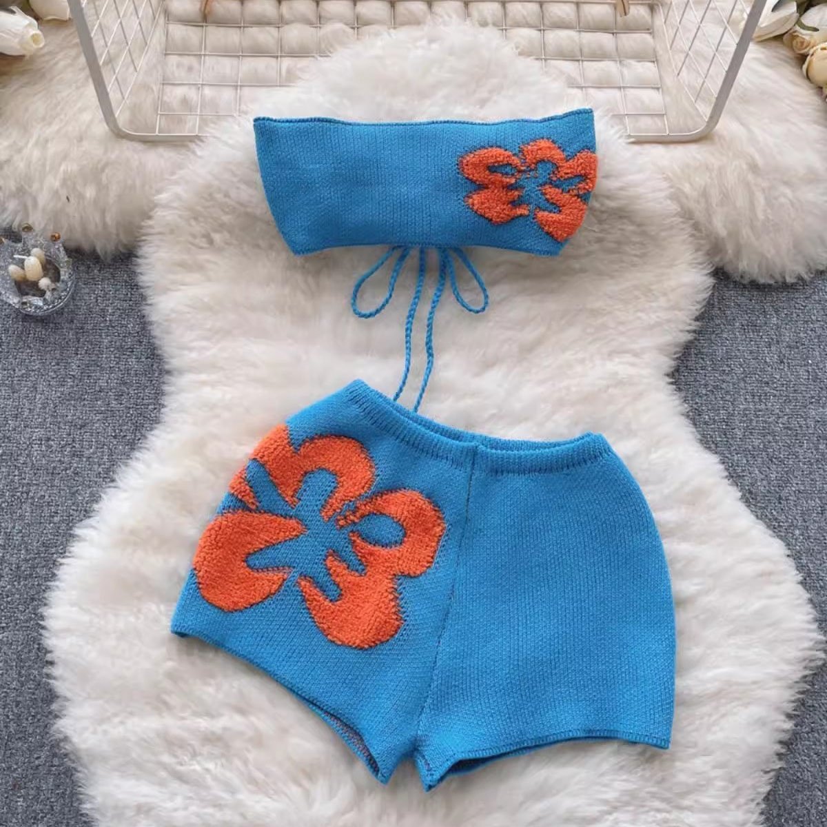 Fashion Casual Beach Summer Sleeveless Color Blocking Sweater Knit Top Shirt And Knit Shorts 2 Piece Set Women's Shorts Sets
