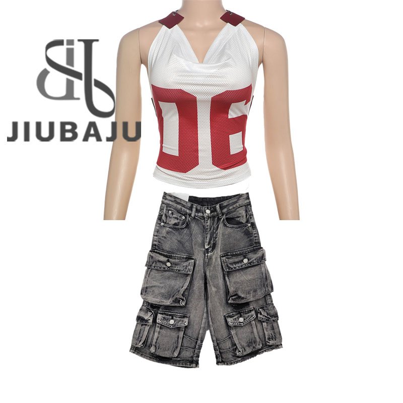 Fashion Women's Set Bandage Backless Crop Top +Denim Cargo Shorts Suits 2024 Street Two 2 Piece Sets