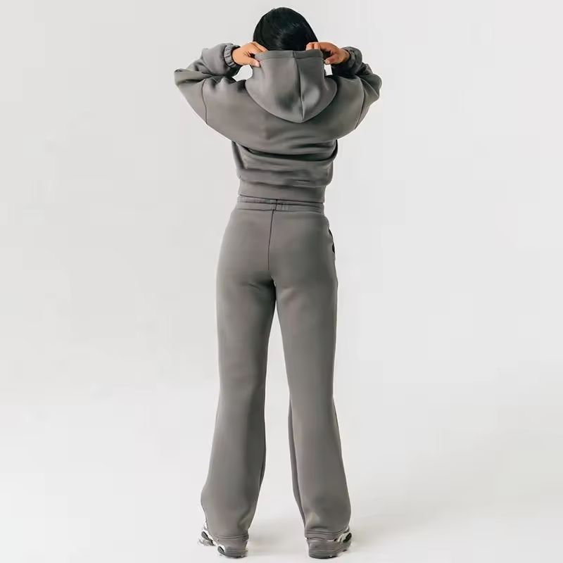 Customized Womens Fleece 2 Piece Outfits Sweatsuit Crop Hooded Pullover Sweatshirt Top Straight Jogger Sweatpants Tracksuits Set