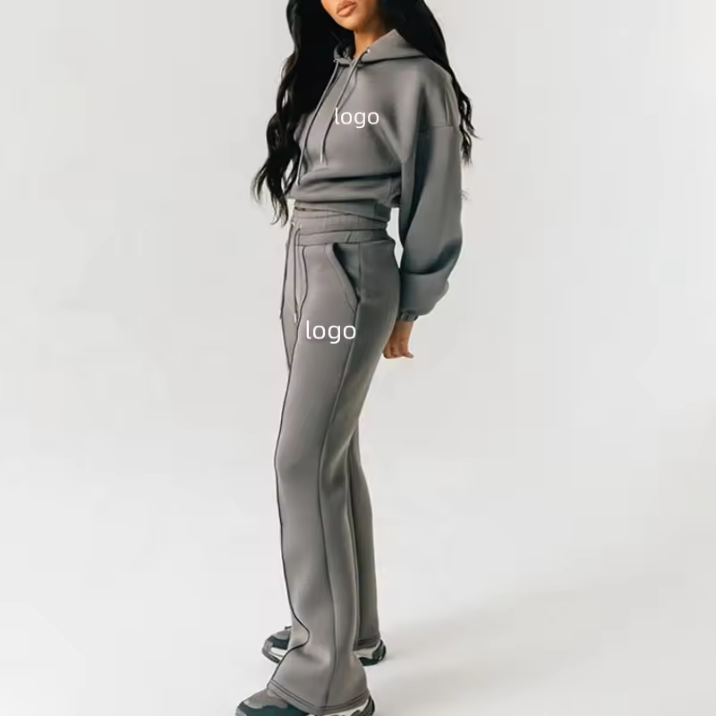Customized Womens Fleece 2 Piece Outfits Sweatsuit Crop Hooded Pullover Sweatshirt Top Straight Jogger Sweatpants Tracksuits Set