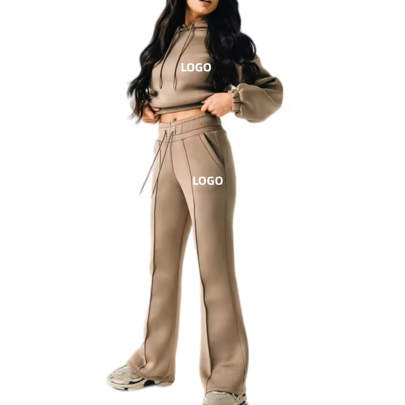 Customized Womens Fleece 2 Piece Outfits Sweatsuit Crop Hooded Pullover Sweatshirt Top Straight Jogger Sweatpants Tracksuits Set