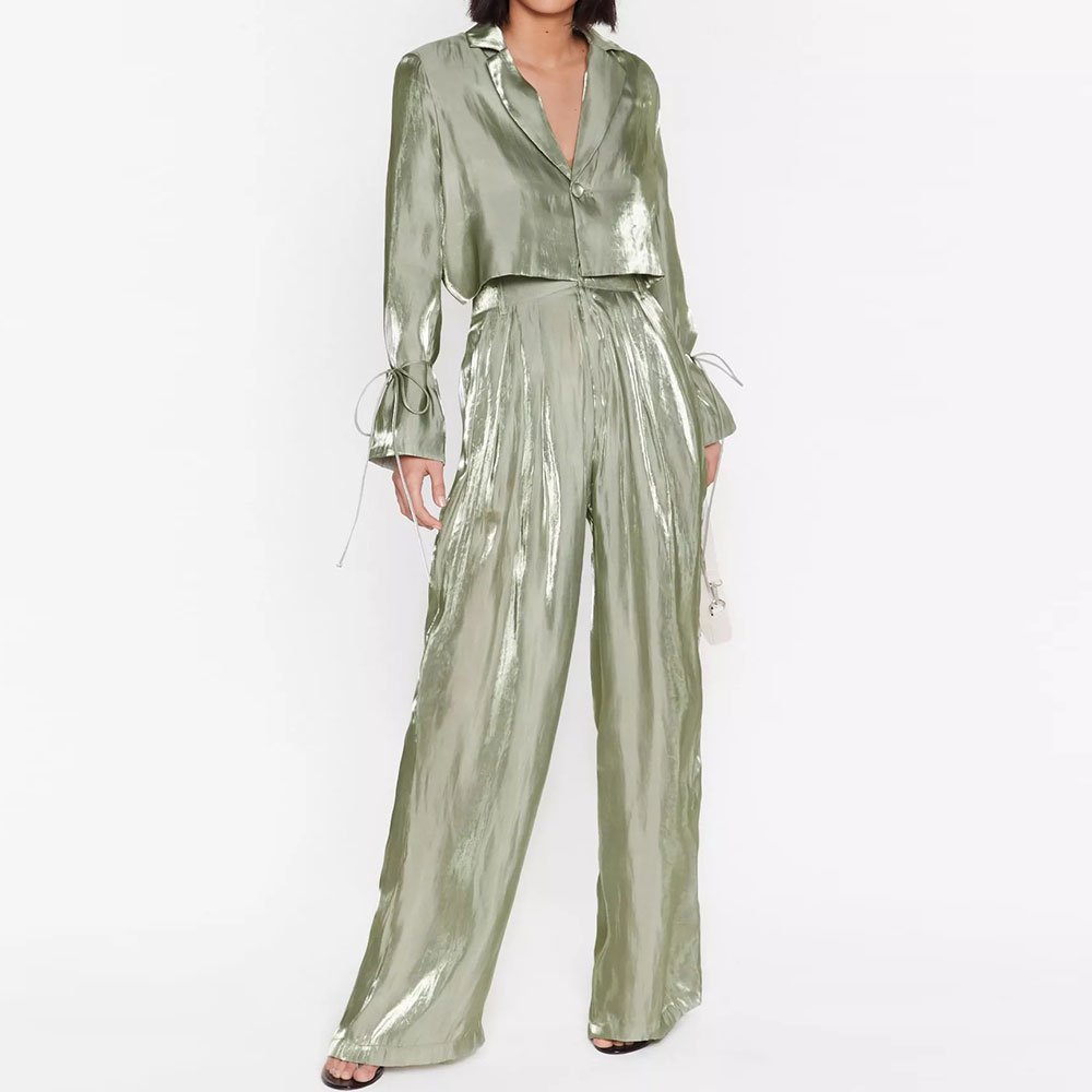 New Arrival Women Shine Satin Sets Notched Lapels Long Sleeves Cropped Blazer High Waisted Wide Leg Pants Ladies Blazers Suit