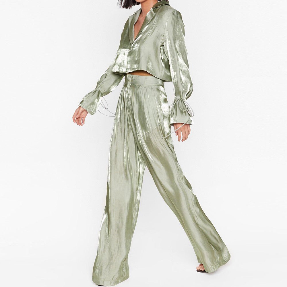 New Arrival Women Shine Satin Sets Notched Lapels Long Sleeves Cropped Blazer High Waisted Wide Leg Pants Ladies Blazers Suit