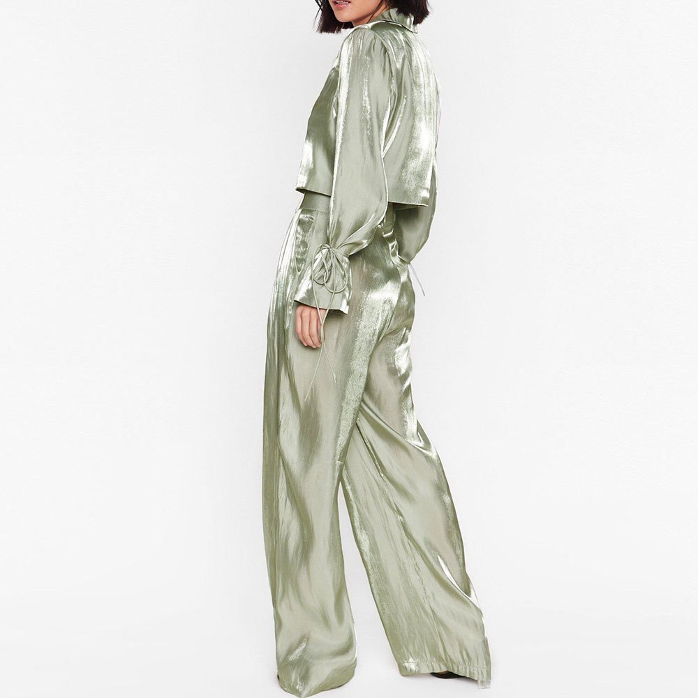New Arrival Women Shine Satin Sets Notched Lapels Long Sleeves Cropped Blazer High Waisted Wide Leg Pants Ladies Blazers Suit