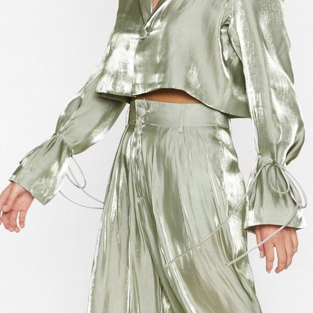 New Arrival Women Shine Satin Sets Notched Lapels Long Sleeves Cropped Blazer High Waisted Wide Leg Pants Ladies Blazers Suit