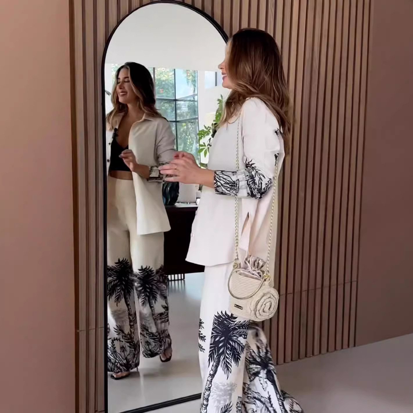 Boutique Wholesale 2024 Autumn New Fashionable Printed Long Sleeved Top Wide Leg Pants Women's Set
