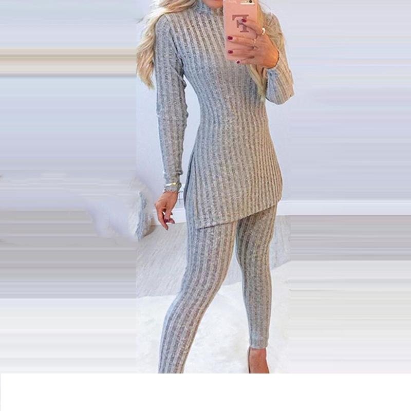 Women'S Autumn Two Piece Sweat Office Suits Knit With Slit Long Elegant Sets