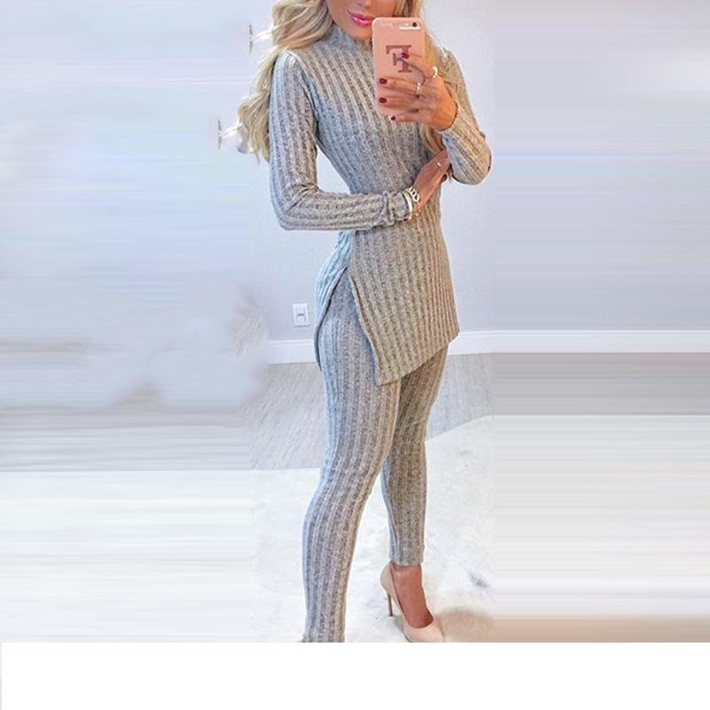 Women'S Autumn Two Piece Sweat Office Suits Knit With Slit Long Elegant Sets
