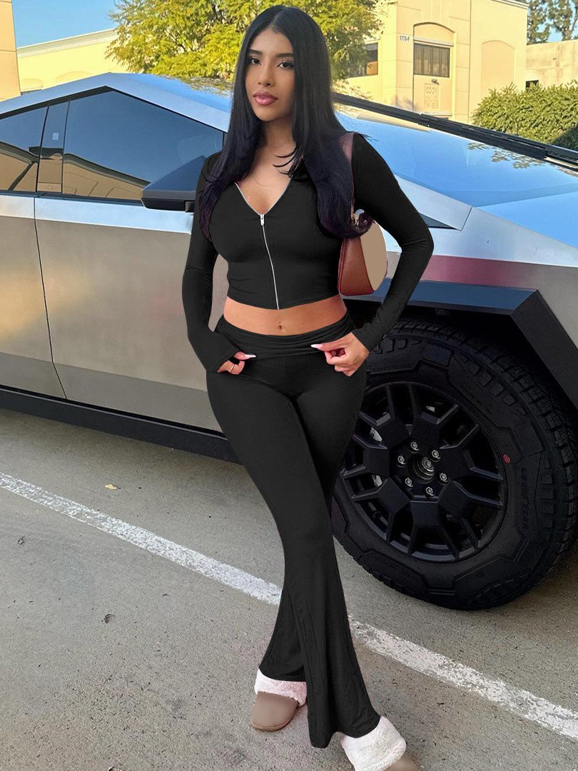 Bomblook Z813ST01 Women's Clothing 2024 Autumn New Zipper Long-sleeved Hooded Top Flared Trousers Fashionable Casual 2-piece set