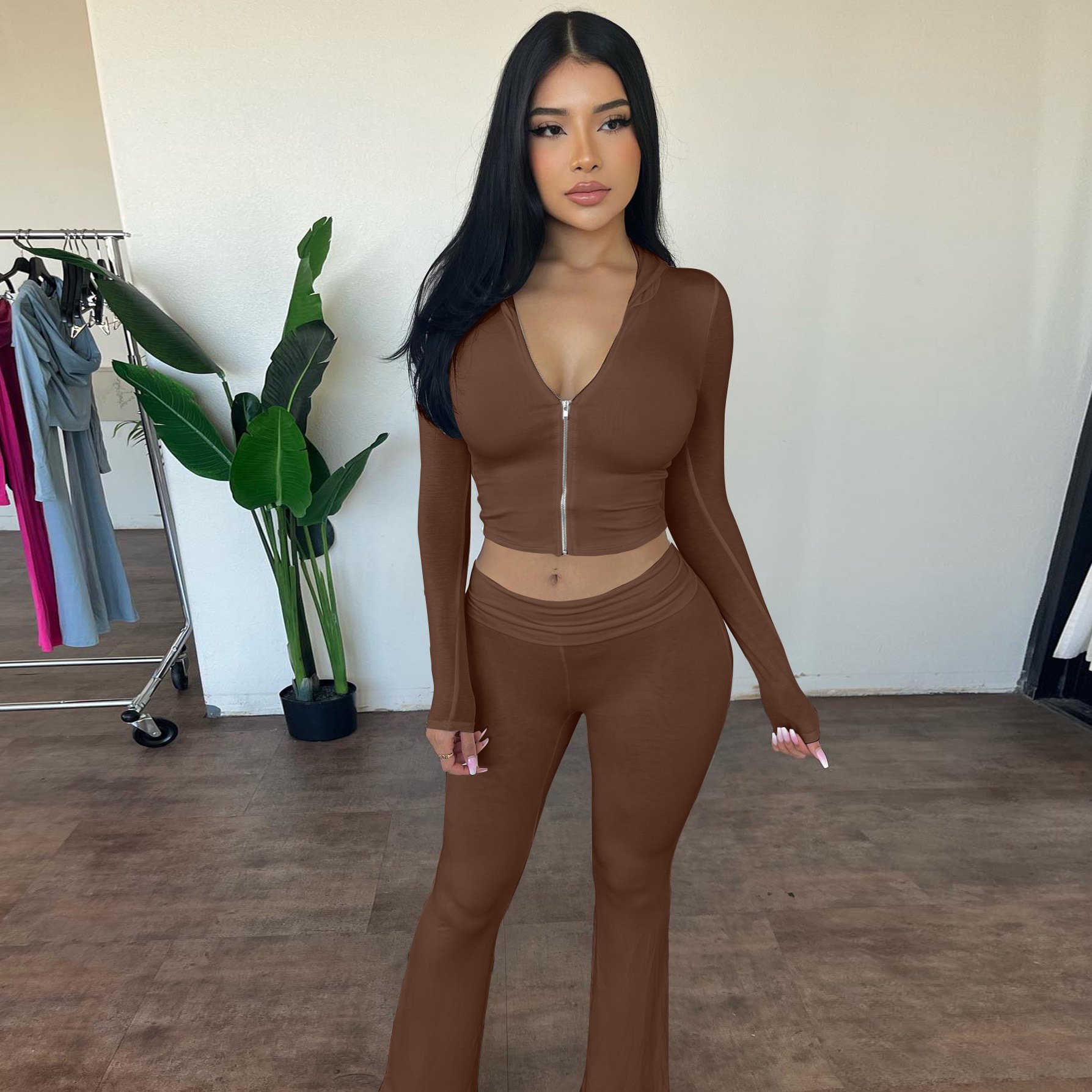 Bomblook Z813ST01 Women's Clothing 2024 Autumn New Zipper Long-sleeved Hooded Top Flared Trousers Fashionable Casual 2-piece set