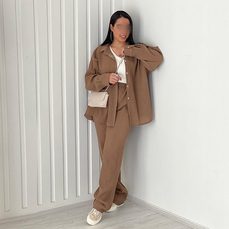 HK6062 Boutique Wholesale 2024 Summer New Elastic Wash Wrinkle Long Sleeve Two Piece Sleepwear Casual Pants Women's Set