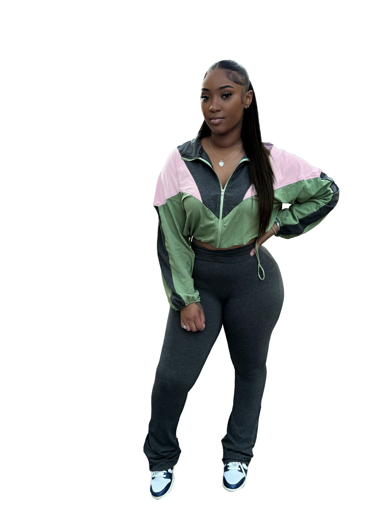 Patchwork Color Crop Tops Zipper Autumn Sport Women's Set Long Sleeve Drawstring Sweatshirt Top Pants Tracksuits Street Outfits