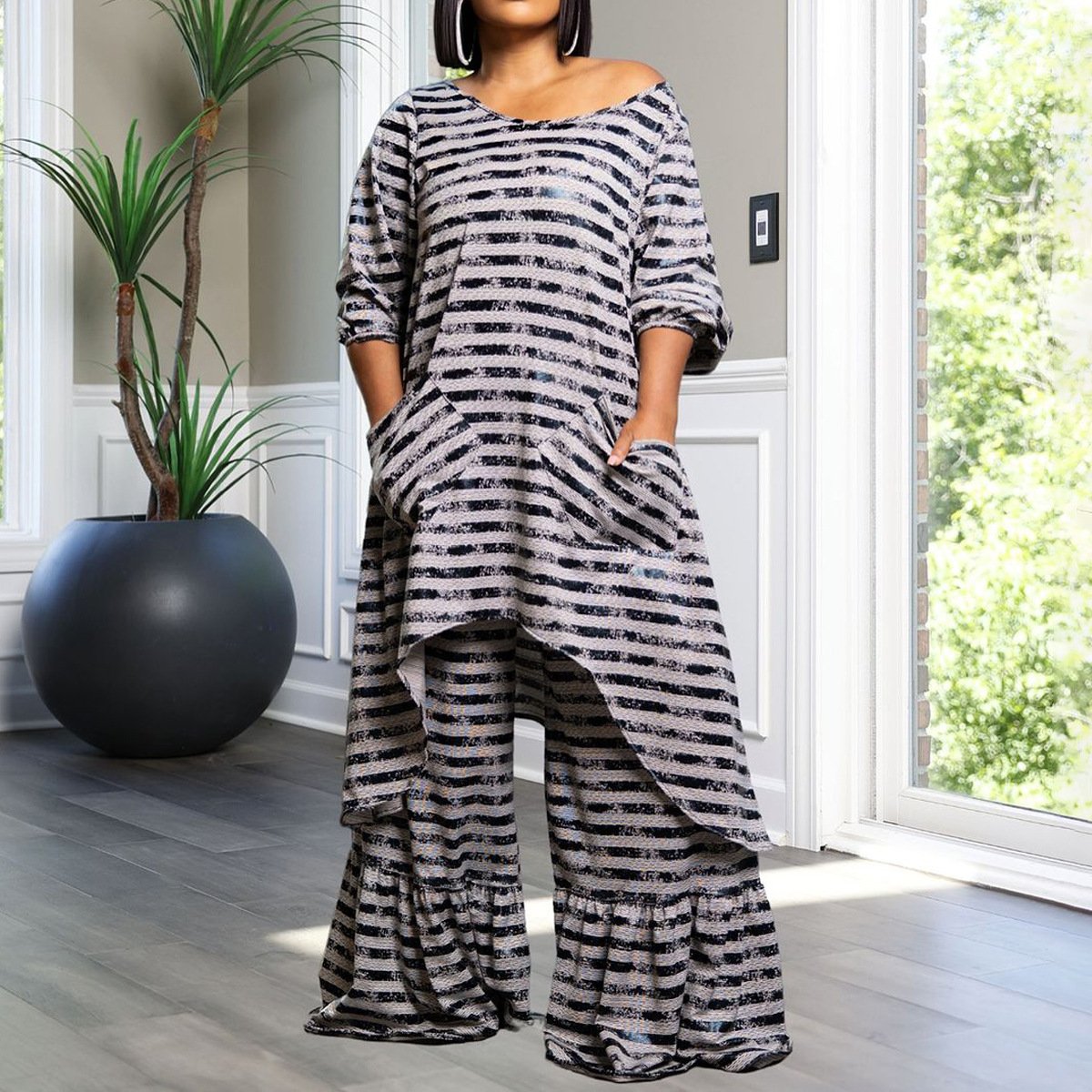 trending products fall 2024 Fashion casual plus size irregular pattern print wide leg pants two piece set