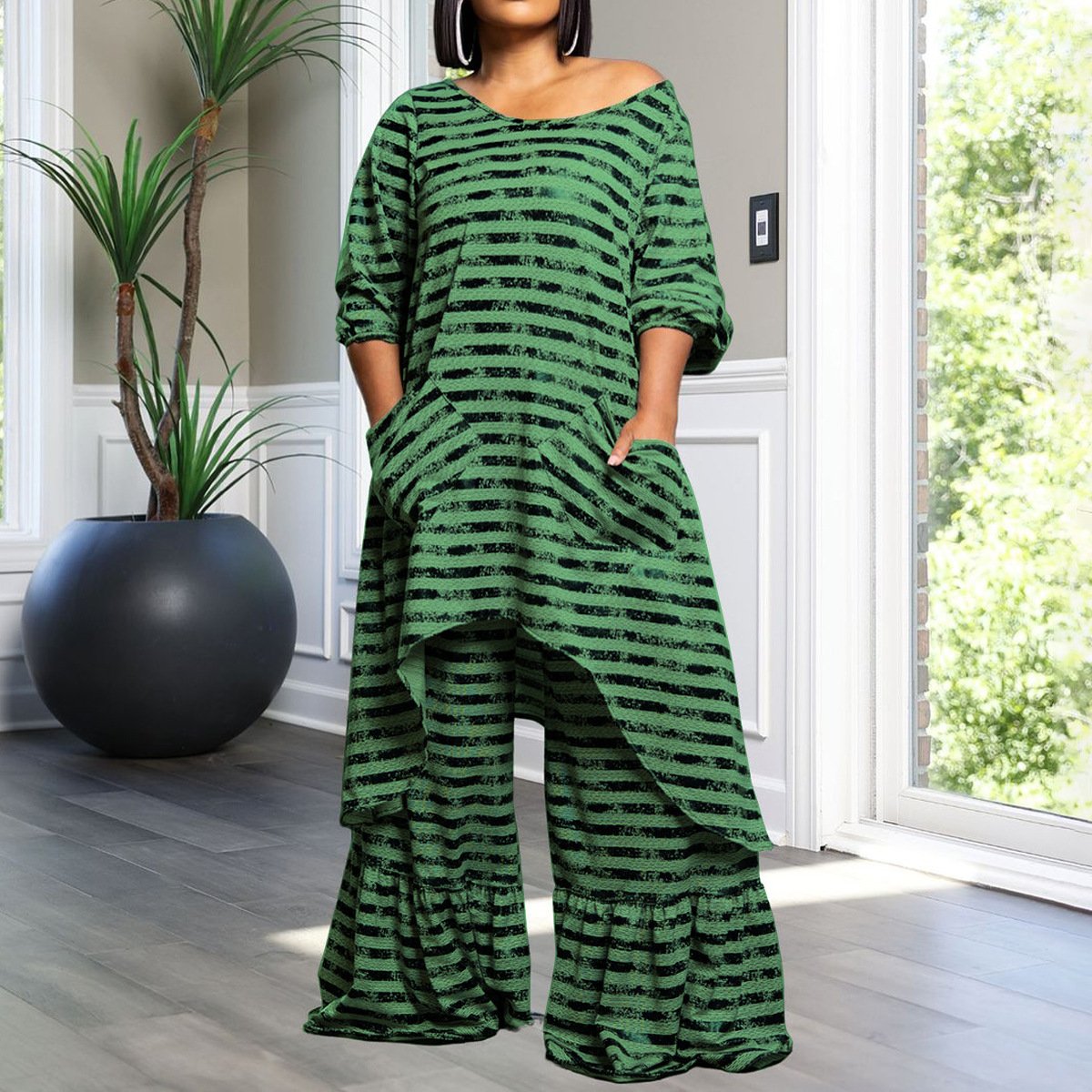 trending products fall 2024 Fashion casual plus size irregular pattern print wide leg pants two piece set