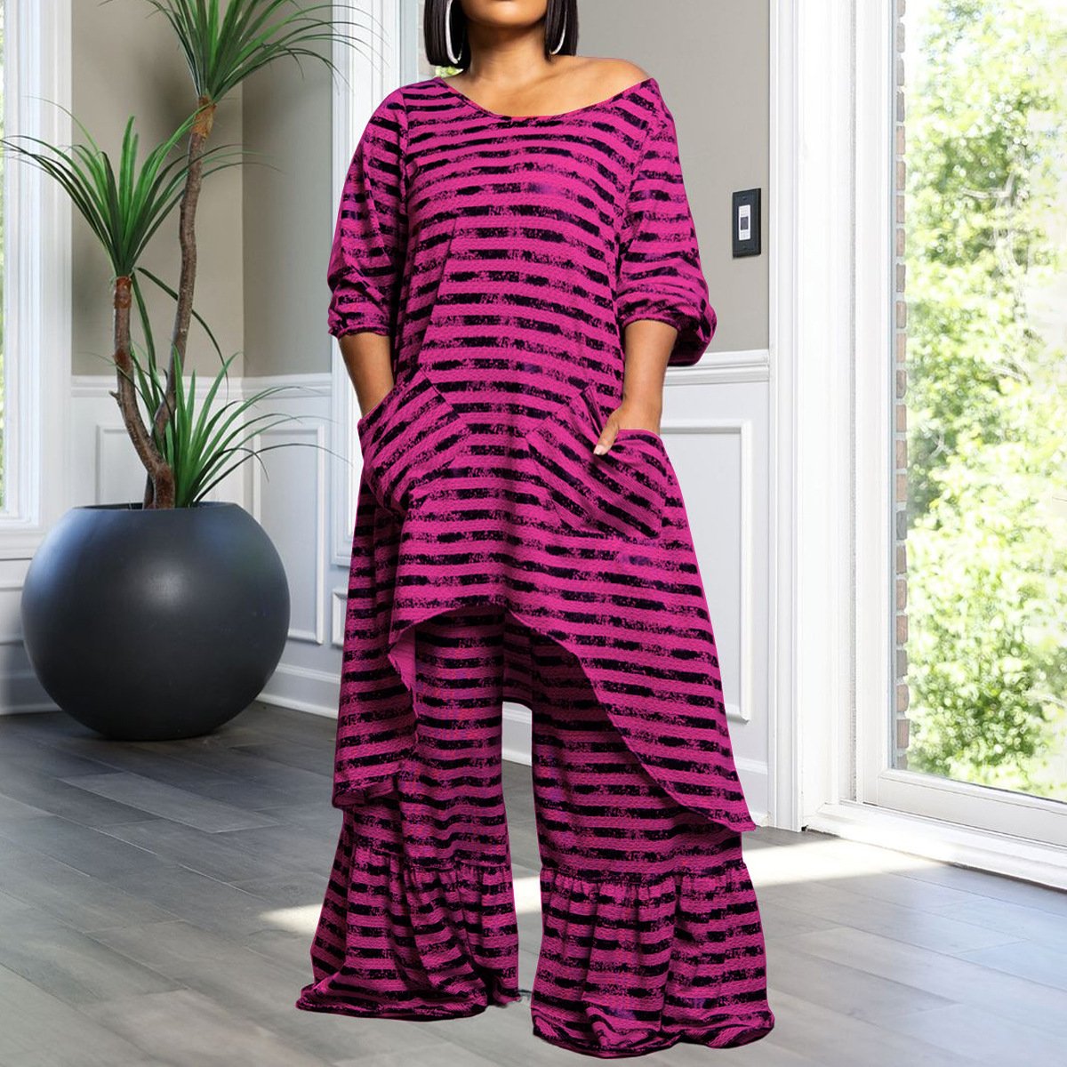 trending products fall 2024 Fashion casual plus size irregular pattern print wide leg pants two piece set
