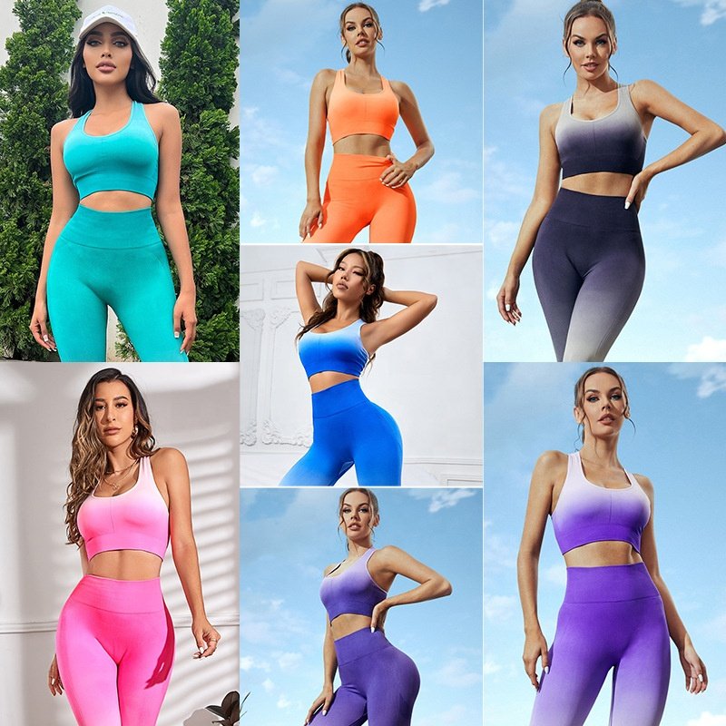 gradient seamless yoga suit women's breathable bra trousers sportswear running hip lift fitness yoga set wholesale