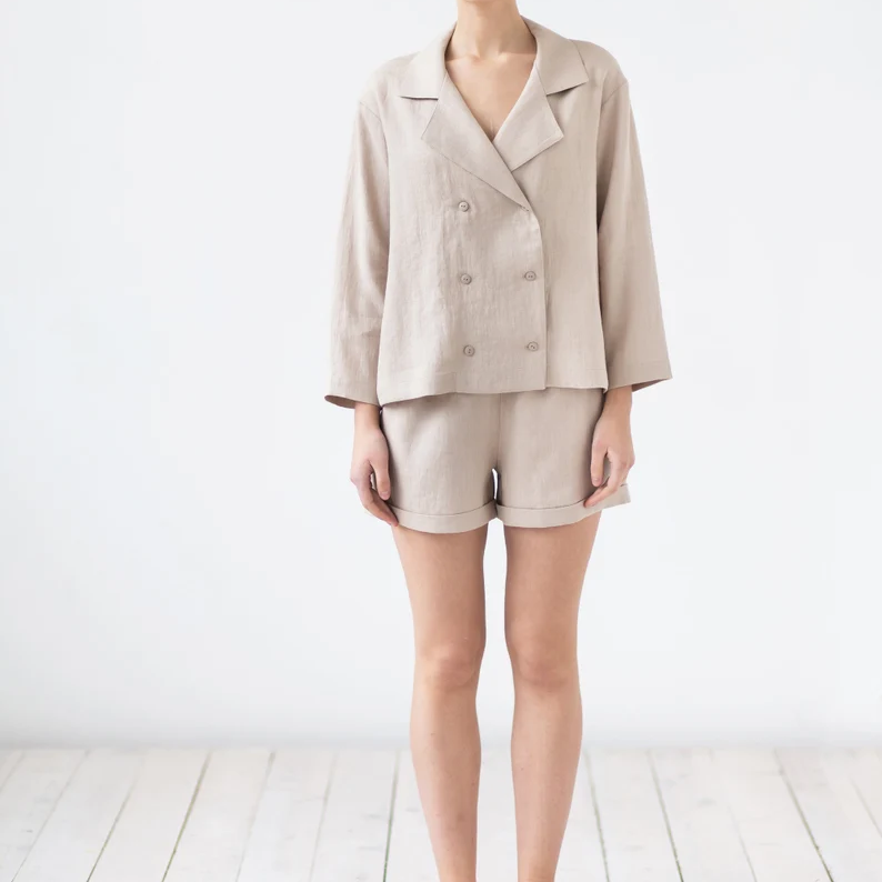Summer Ladies Office Suits Custom Two Piece Set Double Breasted Linen Jacket Shirt Relaxed Lounge Shorts 100%Linen Sets Women