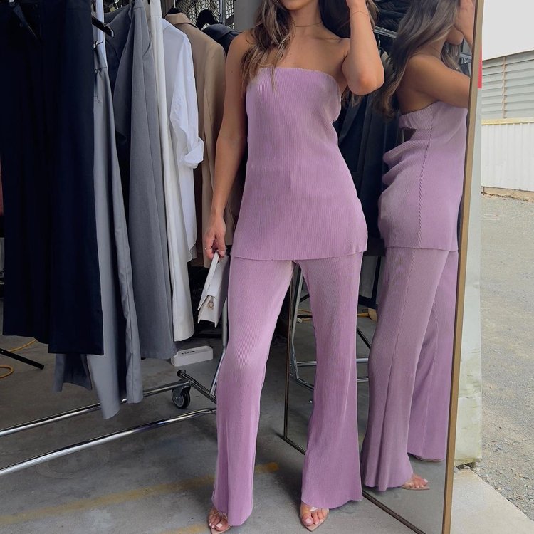 Designer Clothes Plisse Sleeveless Strapless Sexy Backless Tube Top And Pants 2 Piece Summer Women's Sets