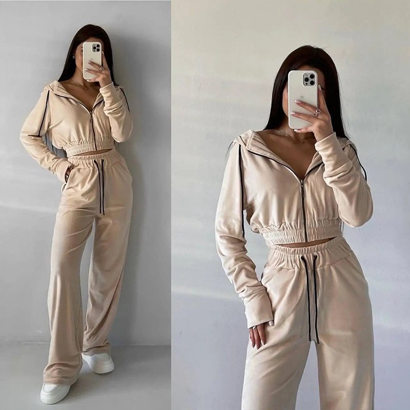 Casual Women Autumn 2 Piece Top Pant Long Button Pocket Elegant Lady Clothes Suede Fashion Navy Women's Set