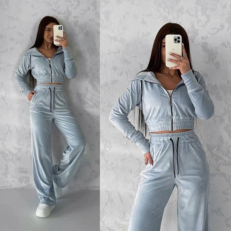 Casual Women Autumn 2 Piece Top Pant Long Button Pocket Elegant Lady Clothes Suede Fashion Navy Women's Set