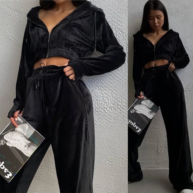 Casual Women Autumn 2 Piece Top Pant Long Button Pocket Elegant Lady Clothes Suede Fashion Navy Women's Set