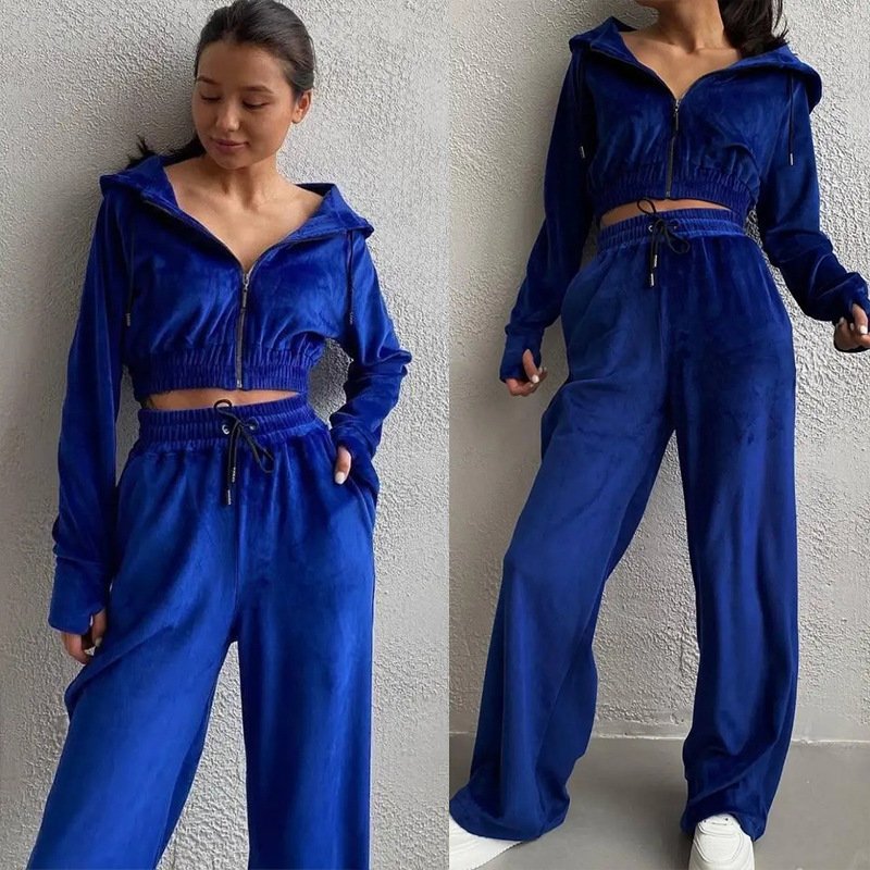 Casual Women Autumn 2 Piece Top Pant Long Button Pocket Elegant Lady Clothes Suede Fashion Navy Women's Set