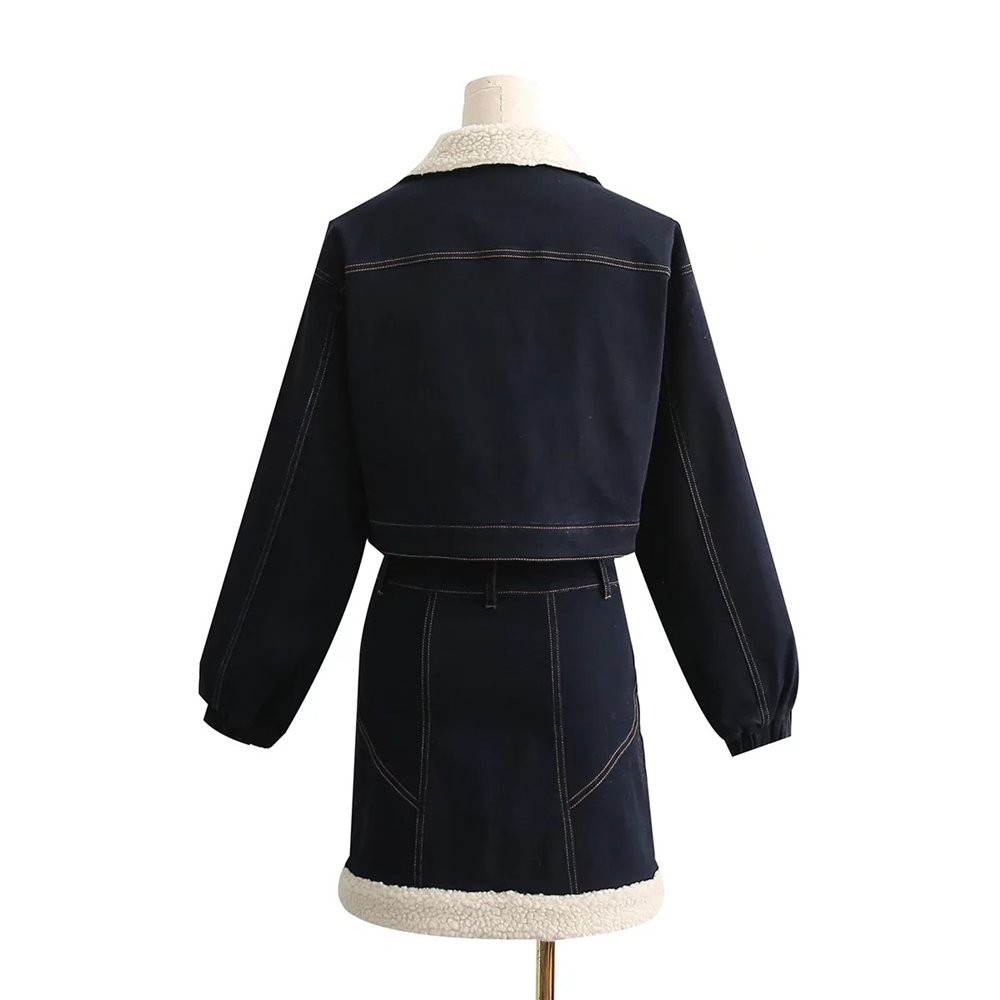 DFG HOT Fall Winter 2022 Women Clothes New Patchwork Jean Top and Bodycon Skirt 2 Piece Long Sleeve Set Dresses for Women