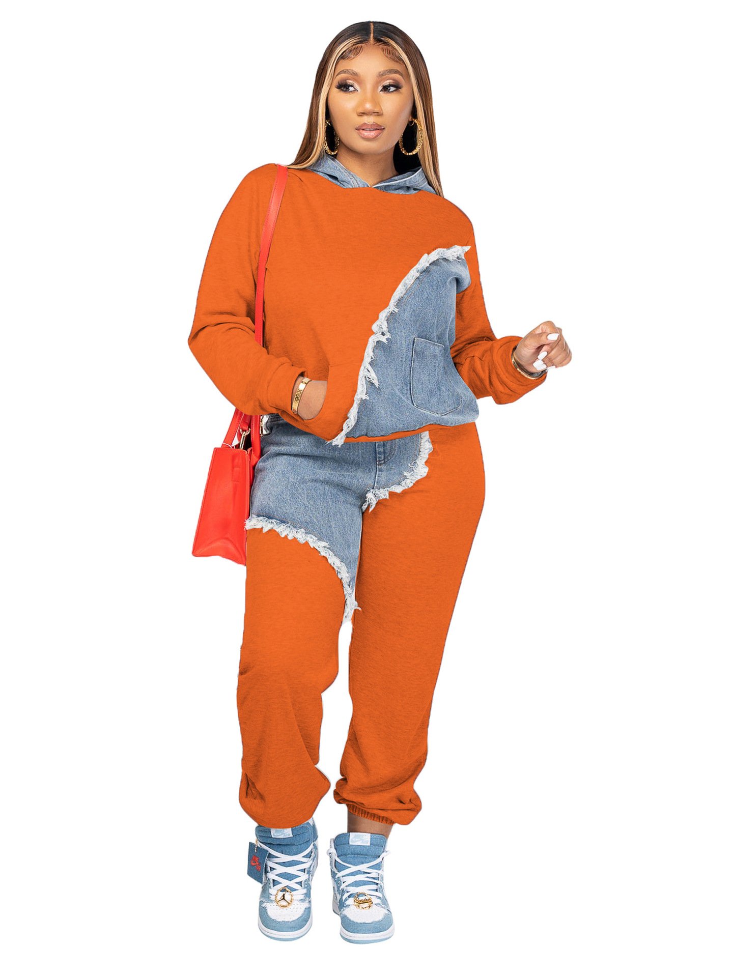 S-3XL New Arrival Women's Casual Denim Patchwork Cotton 2 Two Piece Pants Women Sweatpants Hoodie Jogger Set two piece set