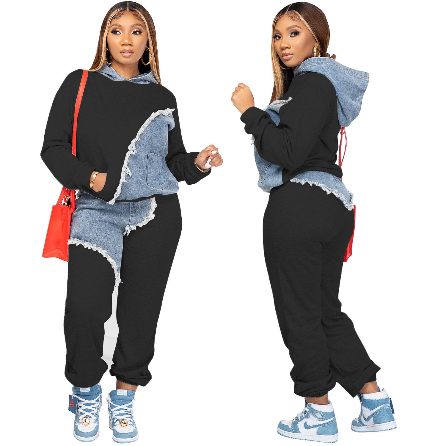 S-3XL New Arrival Women's Casual Denim Patchwork Cotton 2 Two Piece Pants Women Sweatpants Hoodie Jogger Set two piece set