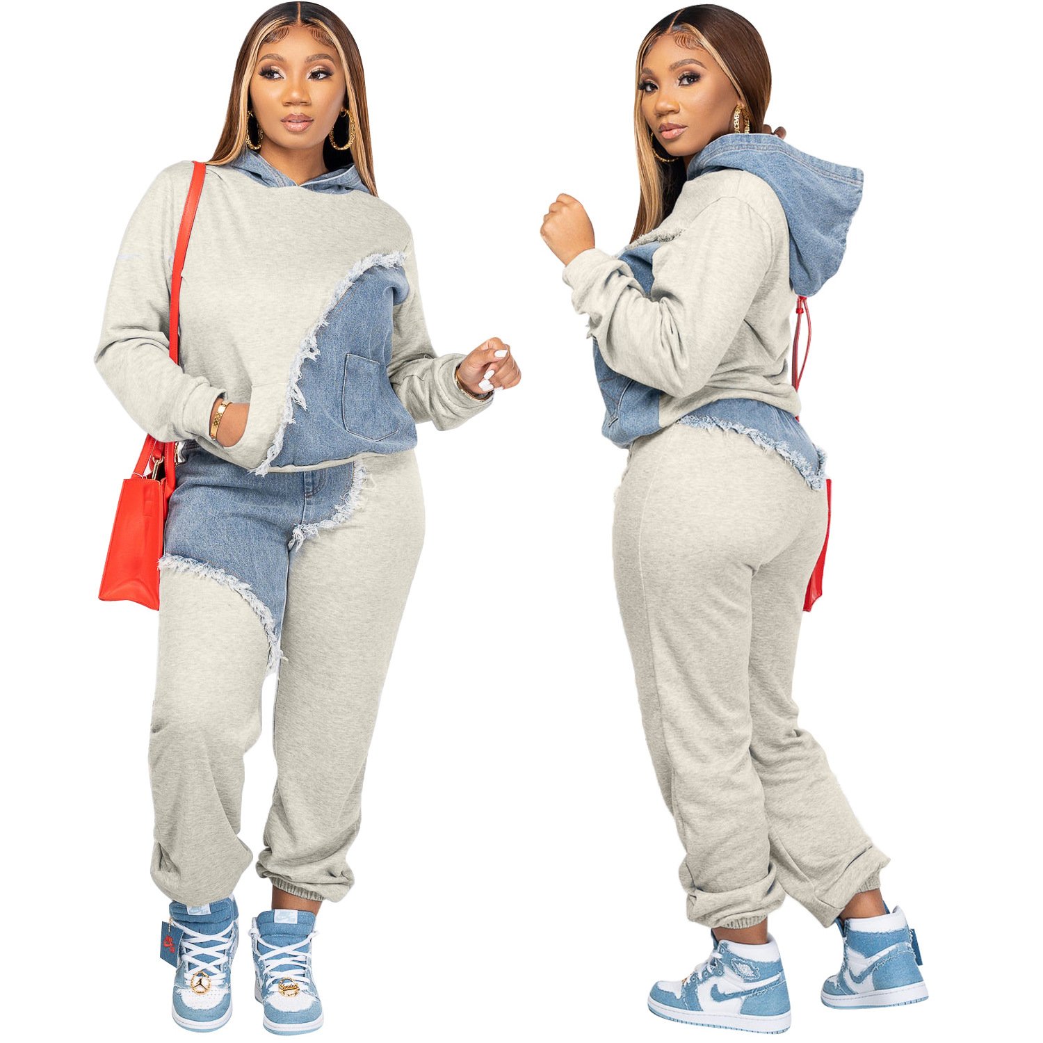 S-3XL New Arrival Women's Casual Denim Patchwork Cotton 2 Two Piece Pants Women Sweatpants Hoodie Jogger Set two piece set
