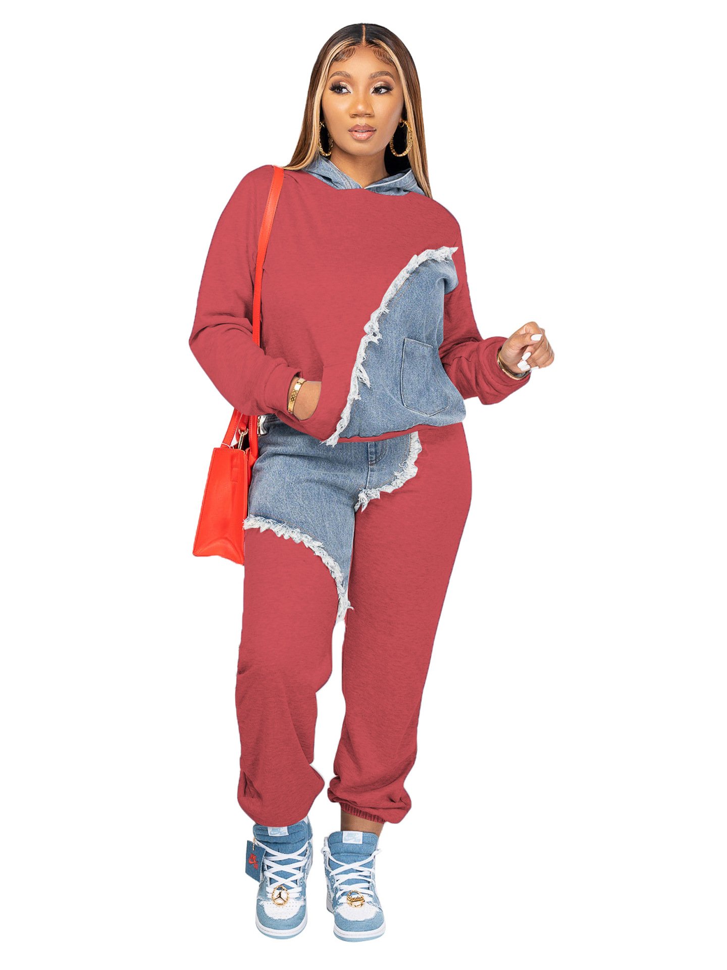 S-3XL New Arrival Women's Casual Denim Patchwork Cotton 2 Two Piece Pants Women Sweatpants Hoodie Jogger Set two piece set