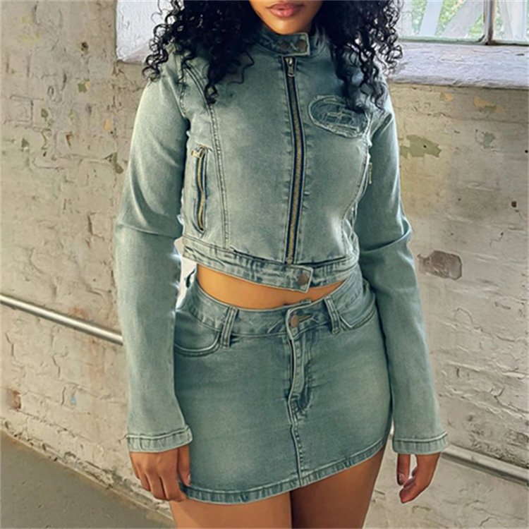 DG092289 Fall 2024 women clothes fashion Denim Patch Embroidered Zip Long Sleeve Top Mini Skirt women's sets