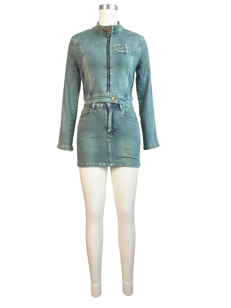 DG092289 Fall 2024 women clothes fashion Denim Patch Embroidered Zip Long Sleeve Top Mini Skirt women's sets