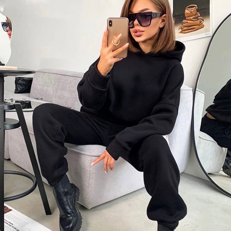 Women Hoodies + Pants Tracksuit Two Piece Set Casual Fleece Hooded Long Sleeve Tops Pants Autumn Winter Solid Color Suits
