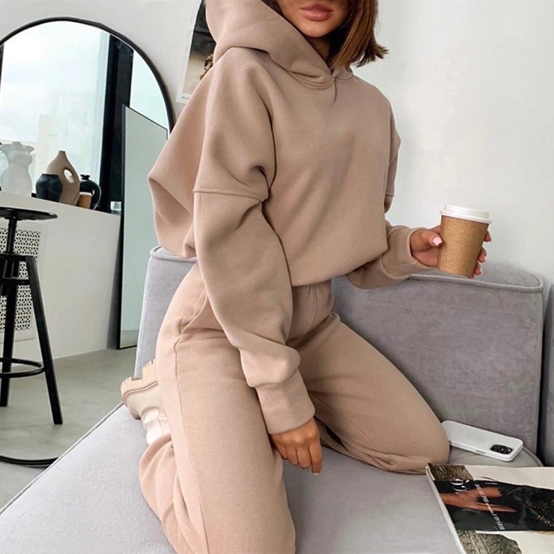 Women Hoodies + Pants Tracksuit Two Piece Set Casual Fleece Hooded Long Sleeve Tops Pants Autumn Winter Solid Color Suits