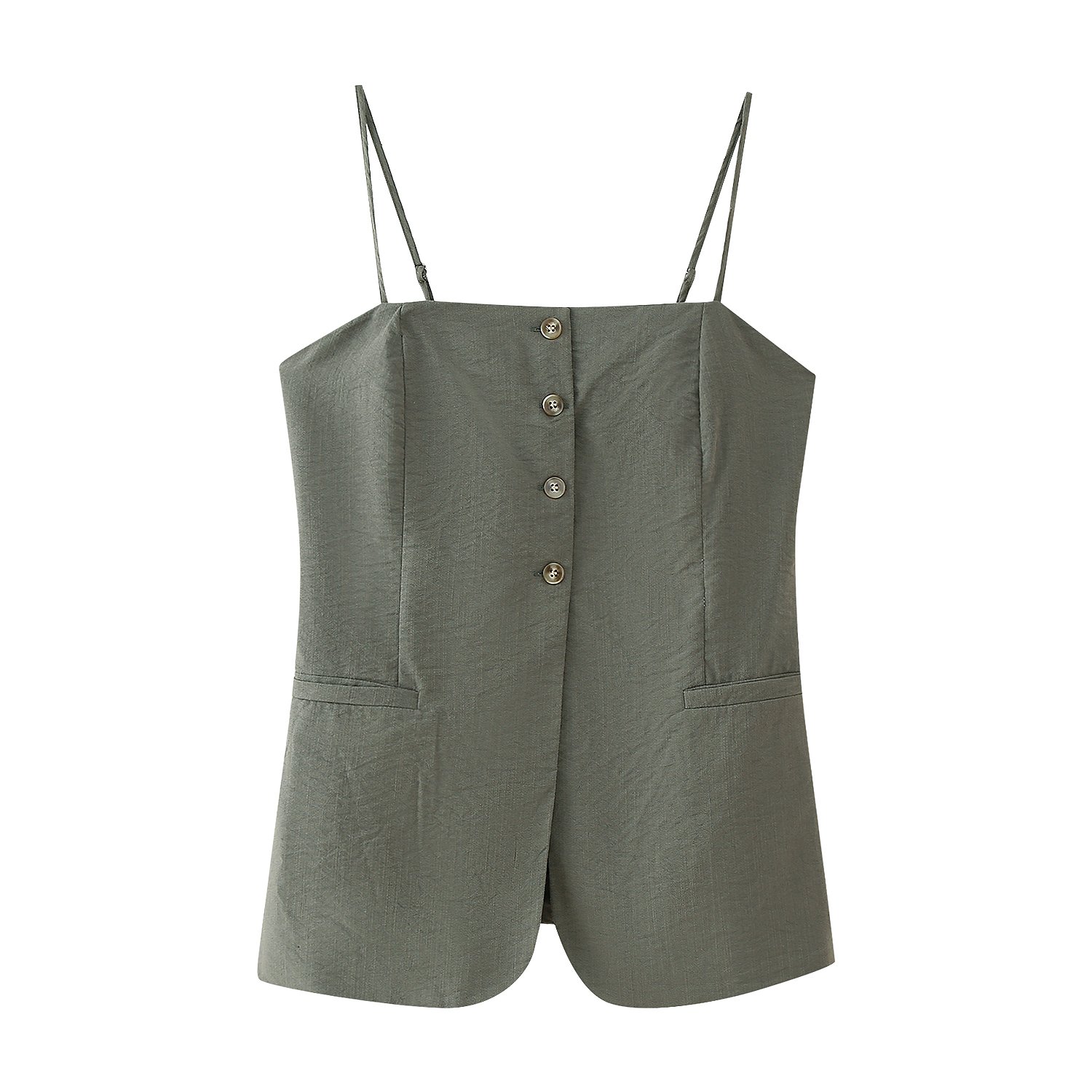 KAOPU ZA Women linen front button strapless tops and high waist side pocket wide-leg trousers two pieces sets mujer
