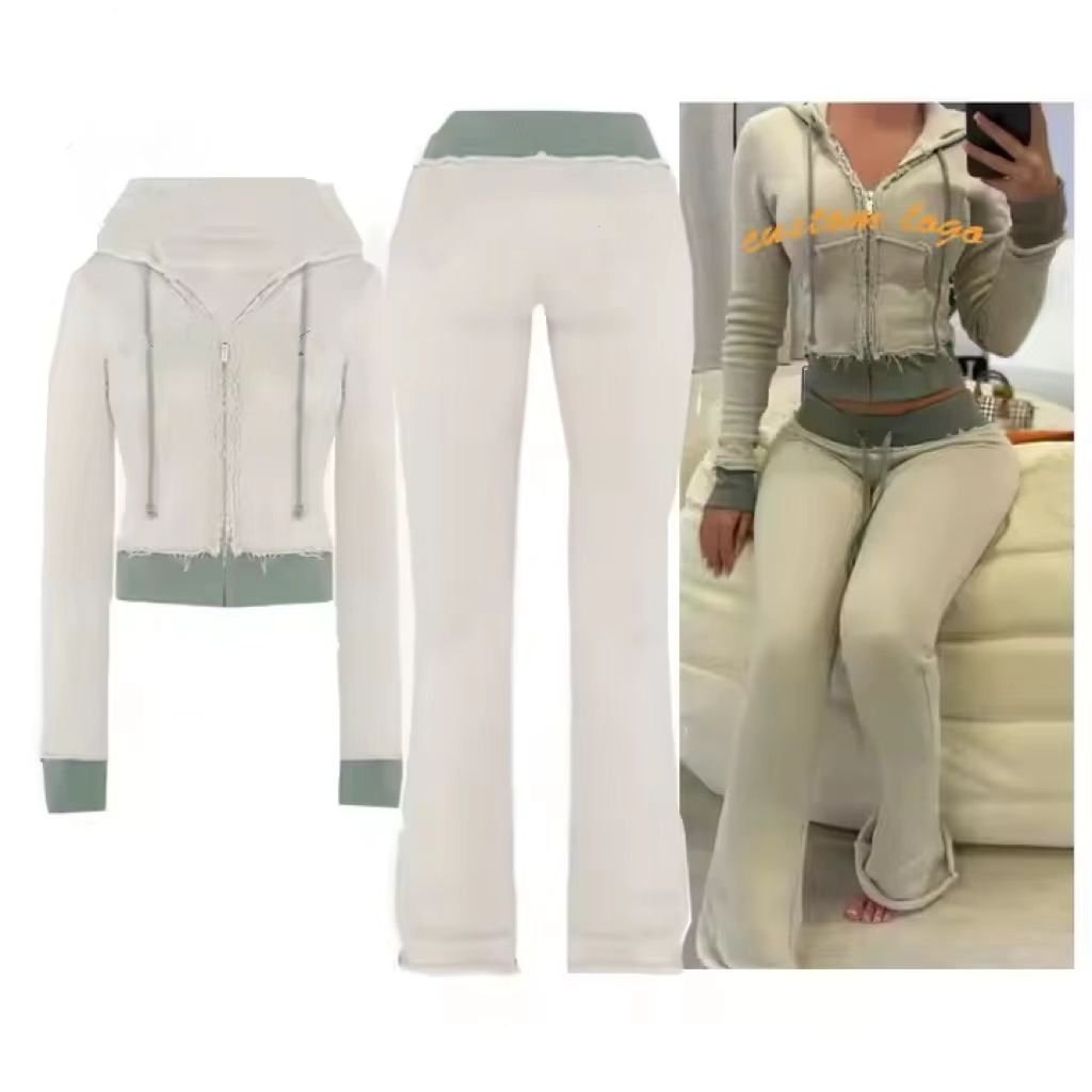 french terry fall 2024 women clothes zip up crop jacket hoodie and flared wide leg sweat pants two 2 piece tracksuit women's set