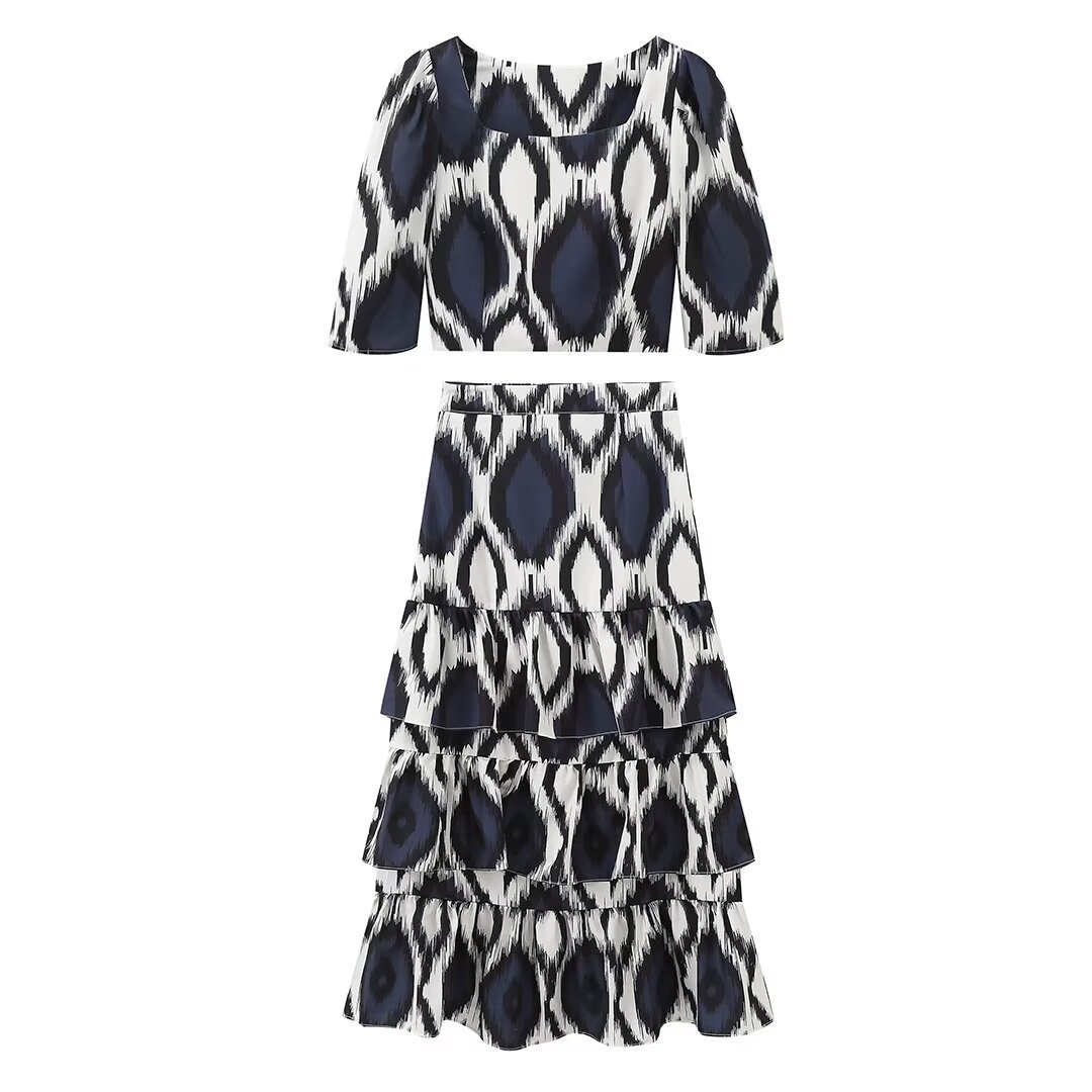 PB&ZA set woman 2 pieces 2024 Fashion Printed jacket skirt suit Vintage Top half Female + Midi Skirt Women's suit
