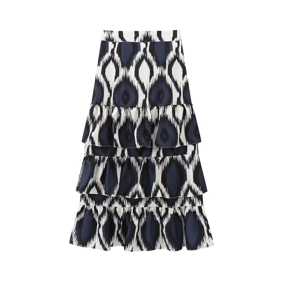 PB&ZA set woman 2 pieces 2024 Fashion Printed jacket skirt suit Vintage Top half Female + Midi Skirt Women's suit