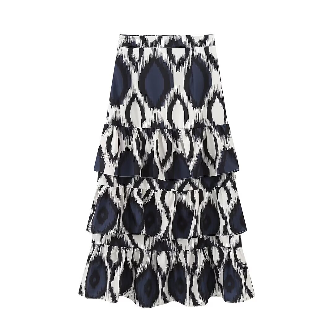 PB&ZA set woman 2 pieces 2024 Fashion Printed jacket skirt suit Vintage Top half Female + Midi Skirt Women's suit