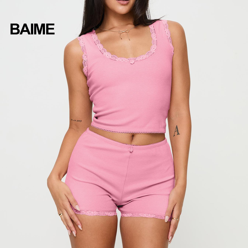 2-piece Sexy Women's Pajama Set Girls' Underwear Vest Lace Shorts Women's Casual Underwear Pajamas Knitted Sleepwear
