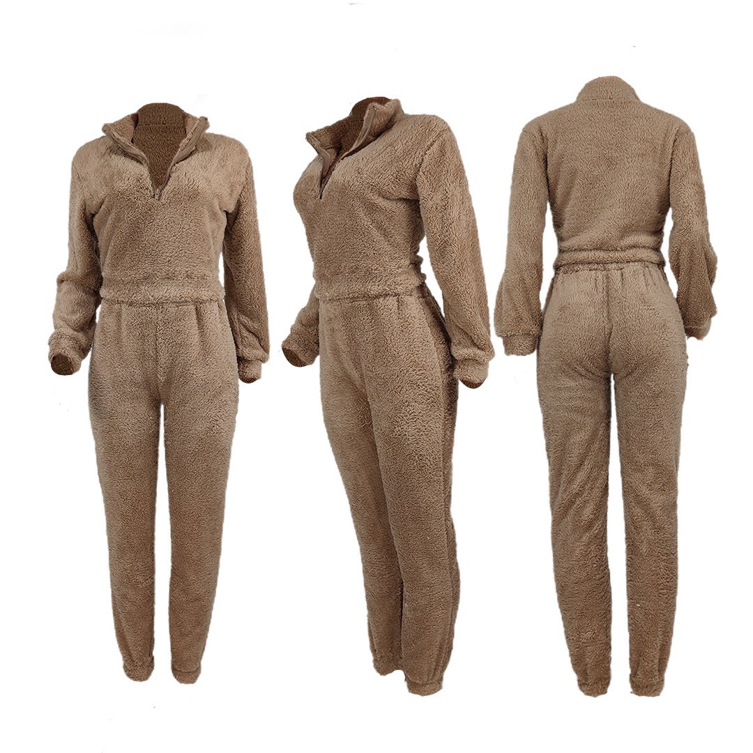 2022 New Arrivals Casual Winter Khaki Clothing Long Sleeve Polo Neck Tops With Zipper High Waist Pants 2 Piece women's sets